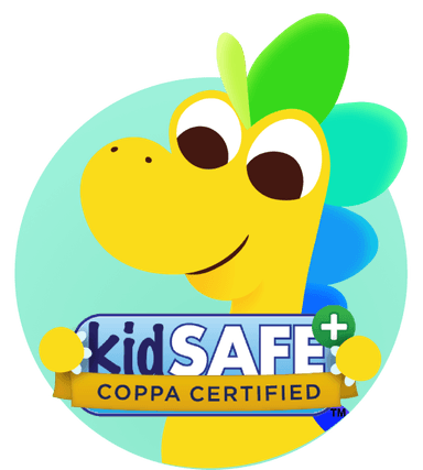 Illustration of Hellosaurus holding a kidSAFE® badge
