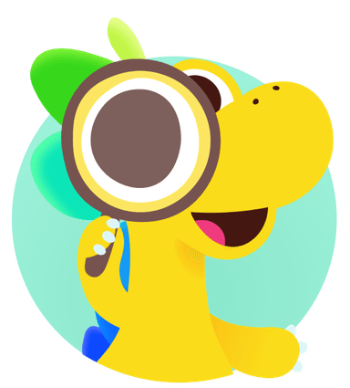 Illustration of Hellosaurus looking through a magnifying glass